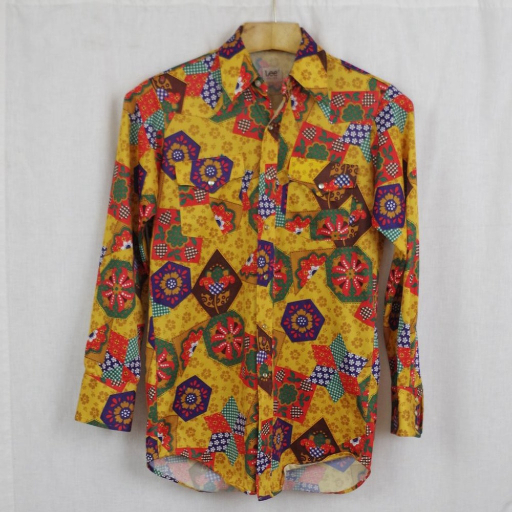 Vintage Snap Button Patchwork Pattern Western Dis… - image 1